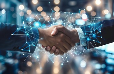 two people shaking hands over a digital background