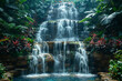 Cascading waterfall in lush tropical setting