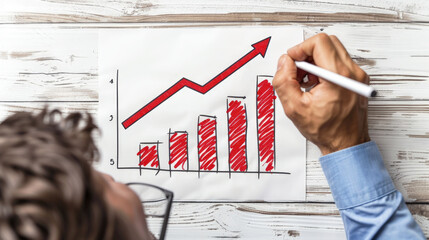 businessman draw growth graph on whiteboard. sales growth, increased productivity, forecast for incr