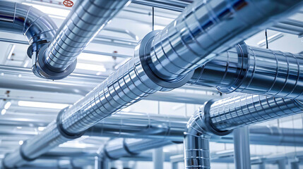 Wall Mural - Intricate steel pipelines and tubes, emphasizing the modern engineering of ventilation and heating systems