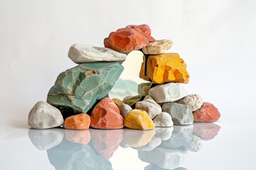 Colored stones with mirror on white background.