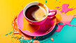 Cup of freshly brewed coffee with colorful splashes of paint in pop art style. Pink yellow blue teal color palette. Creative conceptual image