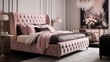 Bedroom in soft ballet pinks with charcoal gray velvet channel tufted bed.