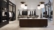 Boutique clothier with crisp white and oil-rubbed bronze fixtures and millwork.