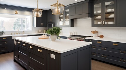 Charcoal gray kitchen cabinets with brass hardware and white quartz countertops.