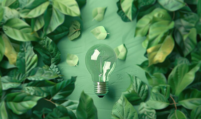 Light bulb and fresh green leaves. Renewable energy and sustainable living concept