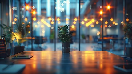 Wall Mural - Interior of a modern office with green plants in a vase. Blurred office background, business background, out of focus