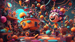 © Creative Mind  - Colorful 3D illustration of a whimsical cartoon workshop with a joyful character and quirky machines.