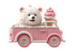 A 3D animated cartoon render of a playful polar bear driving a whimsical ice cream truck.