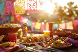 Fototapeta Tulipany - Mexican fiesta table with spread of tacos, guacamole, and salsa