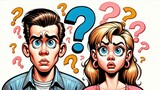 Fototapeta  - Comic Illustration of Confused Man and Woman with Question Marks