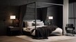 Edgy black bedroom with shiplap accent wall, gauzy canopy, and minimal d?(C)cor.
