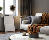 Fototapeta Panele - Black living room interior with sofa, minimalist interior background, 3d render