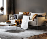 Fototapeta Panele - Black living room interior with sofa, minimalist interior background, 3d render
