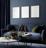 Fototapeta Panele - Dark blue living room interior with sofa, classic modern interior, 3d render