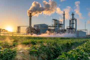 Wall Mural - A biomass power plant in the soft, warm light of dawn, the plumes of steam symbolizing the conversion of organic matter into energy