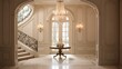 Entry hall in pale creams and whites with bronze and crystal chandelier fixture.