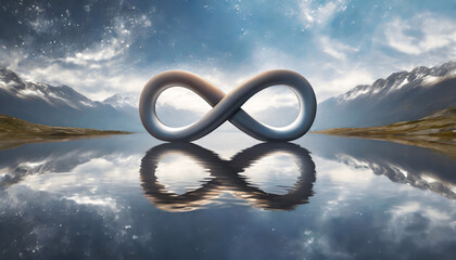 an infinite symbol reflected in the water, representing eternal and infinite possibilities