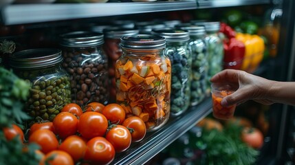 Wall Mural - A close-up of a hand selecting a jar of homemade vegetable broth from a refrigerator stocked with seasonal veggies, lean meats, and tofu, showcasing a commitment to balanced, homemade meals 