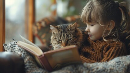 Wall Mural - A cozy living room scene where a young child reads a storybook aloud to an attentive tabby cat curled up beside them on a plush armchair, the gentle afternoon light streaming through the window