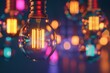 Illuminated filament lamps hang on laces in a beautiful interior on a blurred bright multi-colored background, festive lighting for a cafe or bar