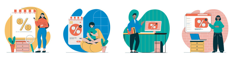 Aufkleber - Discount sales concept with people scenes set in flat web design. Bundle of character situations with men and women shopping with bargain prices, ordering online and purchasing. Vector illustrations.