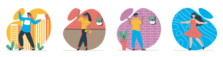 Aufkleber - Gladness emotion concept with people scenes set in flat web design. Bundle of character situations with joy feeling and positive expression, celebrating success and achievement. Vector illustrations.