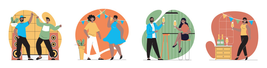 Aufkleber - Party concept with people scenes set in flat web design. Bundle of character situations with men and women dancing, celebrating drinking champagne and having fun at holiday. Vector illustrations.