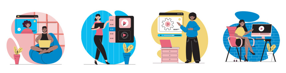 Aufkleber - Video tutorial concept with people scenes set in flat web design. Bundle of character situations with men and women watching online tutorials, getting knowledge at webinars. Vector illustrations.