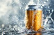 Cold beer can with water droplets - A refreshing canned beer awash with droplets and a splash backdrop, illustrating thirst-quenching pleasure