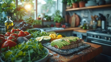 Wall Mural - A morning routine captured in a kitchen where a person sifts through their fridge for avocado and whole grain bread, planning a nutritious, balanced breakfast to kickstart their day 