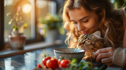 Wall Mural - A person fills a bowl with filtered water from the fridge for their Persian cat, in a kitchen where the early sun highlights the sleek, modern design, emphasizing the importance of hydration for pets