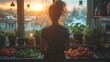 A person stands in a kitchen bathed in the soft glow of dawn, reaching into their fridge for ingredients to craft a balanced breakfast omelette, the peaceful ambiance of the kitchen inviting a mindful