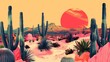 Vibrant illustration of a desert scene at sunset with cacti and mountains