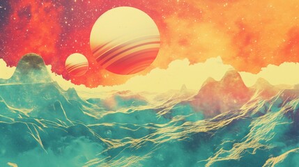 Digital art concept showcasing otherworldly mountains against a colorful cosmic backdrop with two large planets