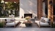 Inviting outdoor living space with fresh cedar accents, modern concrete fireplace, and cozy seating area.