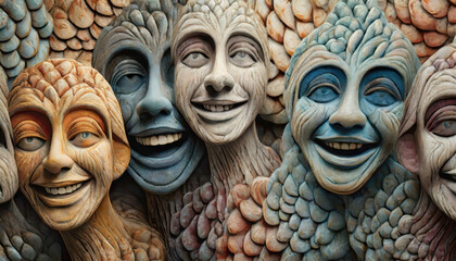 Wall Mural - A group of carved wooden faces