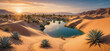 Oasis in desert, sand dunes, palms, lake, desert plants. Landscape background, sunset sky, panoramic view illustration