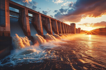 a hydroelectric dam at sunset, the warm, soft light reflecting off the water symbolizing the generat