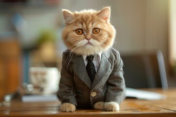 Wall Mural - Cute ginger cat in modern suit on blurred office background