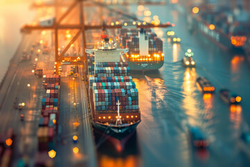 A large cargo ship in a busy port. Cranes unload containers from the ship onto the dock, where trucks wait to transport the goods to their final destination.