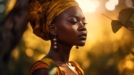 A woman wearing a yellow scarf and gold earrings is looking at the camera