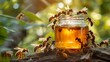  A jar full of honey sits on a wooden board, near a tree swarming with bees