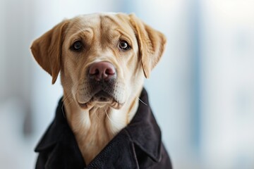 Wall Mural - Cute dog in modern suit on blurred office background