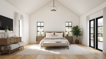 Light and airy primary bedroom with vaulted shiplap ceiling, modern 4-poster bed, and sliding barn doors.