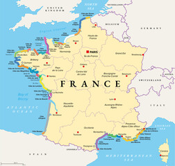  The coasts of France, political map. Most important coasts and beaches in France. Commonly used and popular names of the stretches in tourism. Map with the regions of France and most important cities.