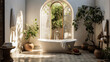 A bathroom with a large bathtub and a window. The window lets in sunlight and the plants in the room add a touch of greenery