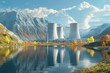 Concept of a Modern Nuclear Power Complex in Autumnal Mountain Setting. Generative AI.