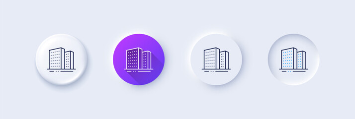 Wall Mural - Buildings line icon. Neumorphic, Purple gradient, 3d pin buttons. City apartments sign. Architecture building symbol. Line icons. Neumorphic buttons with outline signs. Vector