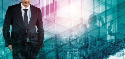 Wall Mural - double exposure image of success business people on abstract modern city background. future business